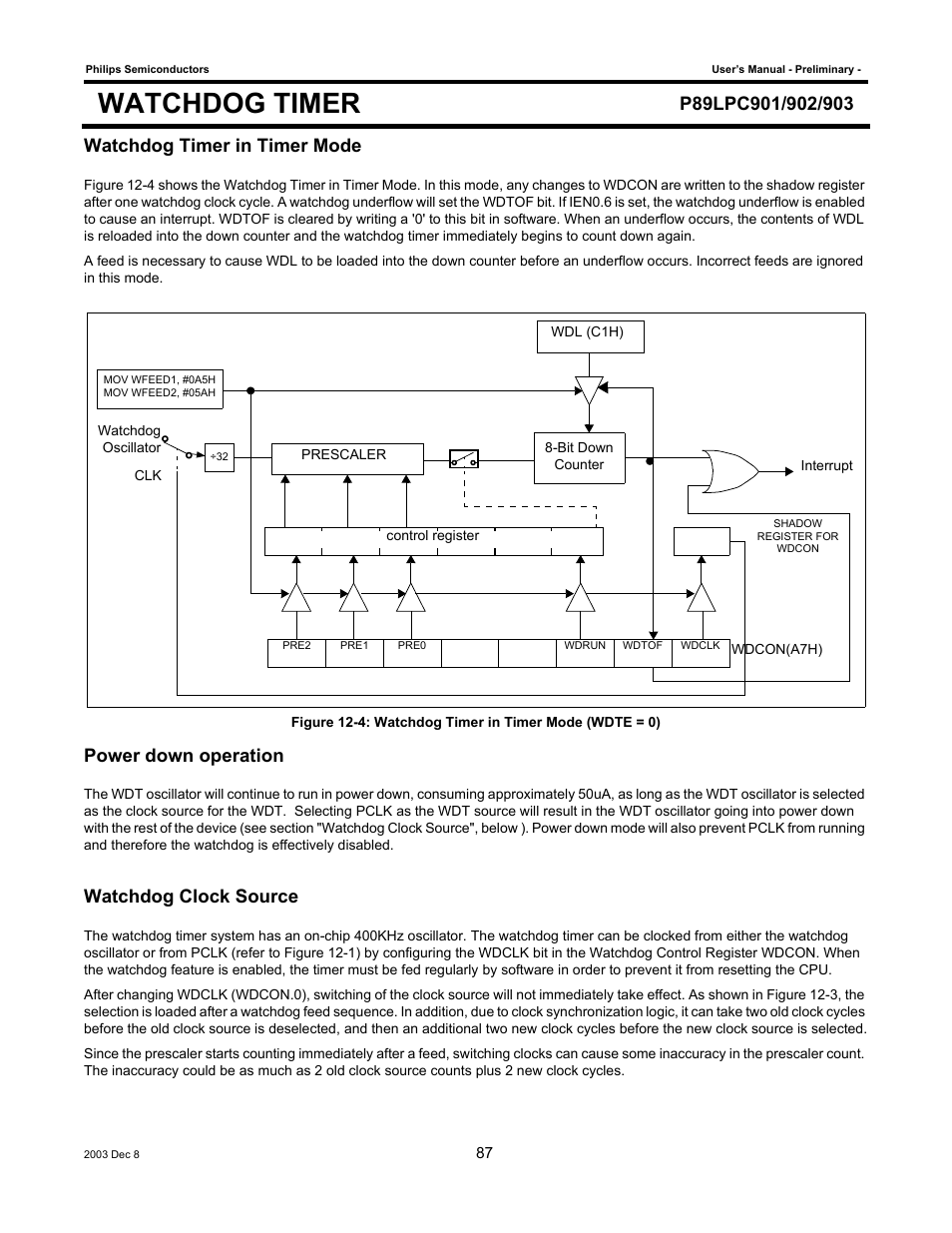 Watchdog timer, Watchdog timer in timer mode, Power down operation | Watchdog clock source | Philips P89LPC903 User Manual | Page 87 / 114
