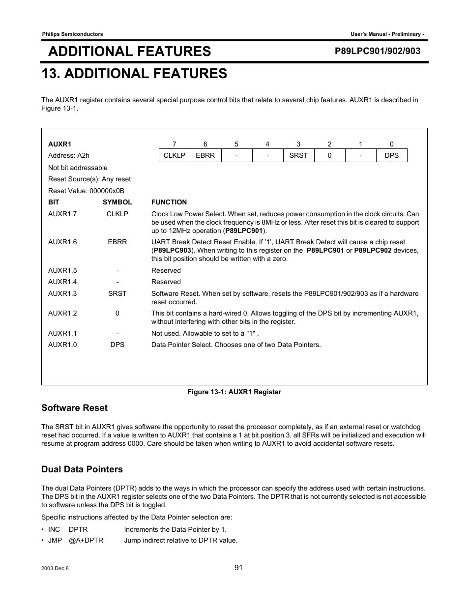 Additional features, Software reset, Dual data pointers | Philips P89LPC903 User Manual | Page 91 / 114