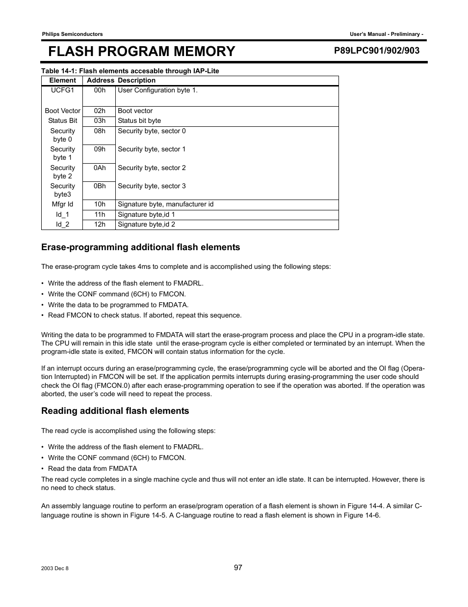 Erase-programming additional flash elements, Reading additional flash elements | Philips P89LPC903 User Manual | Page 97 / 114