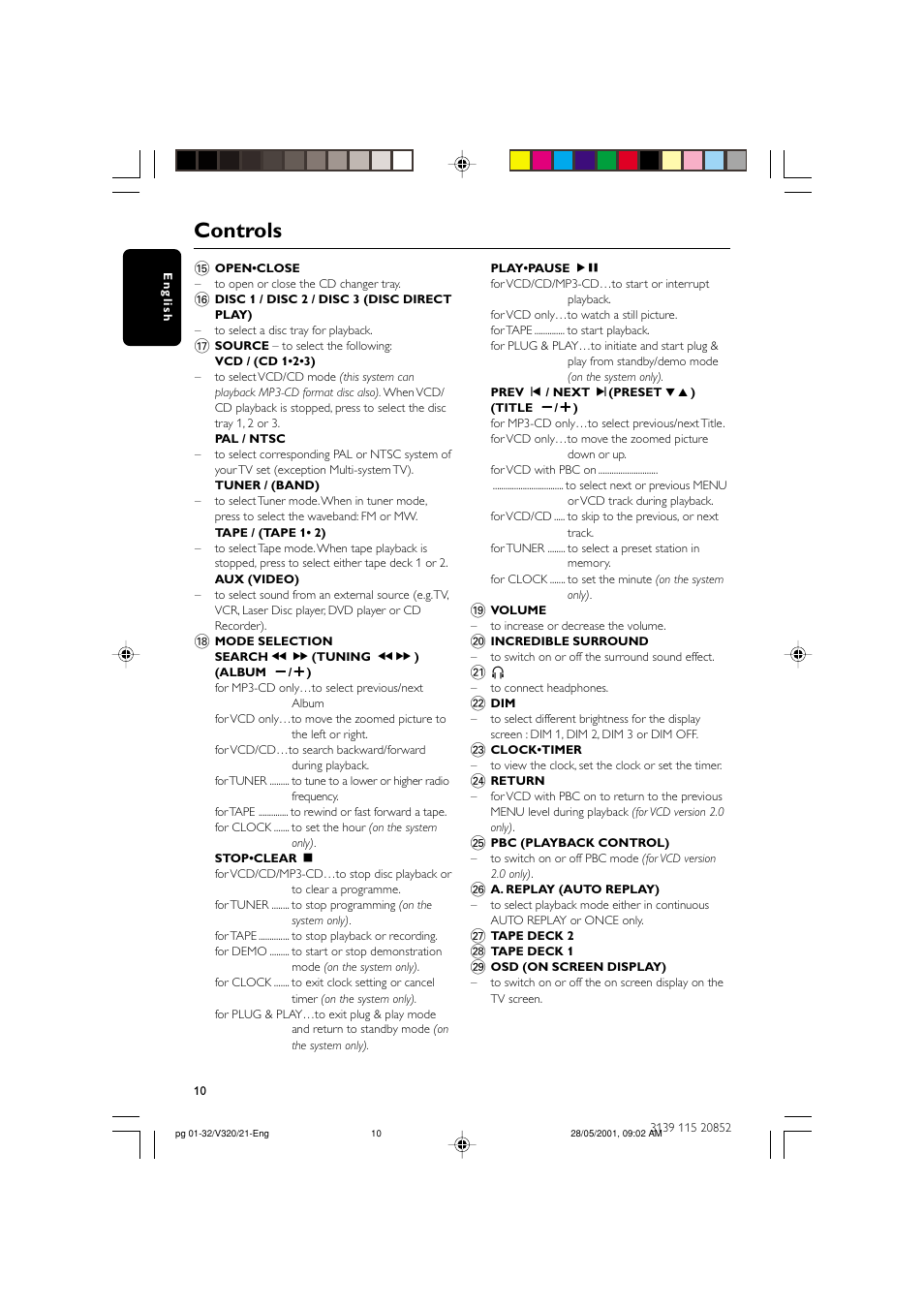 Controls | Philips FW-V320/21 User Manual | Page 10 / 32