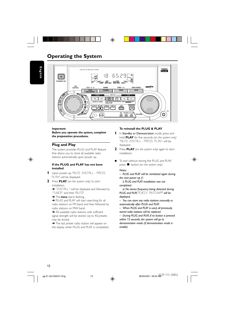 Operating the system, Plug and play | Philips FW-V320/21 User Manual | Page 12 / 32