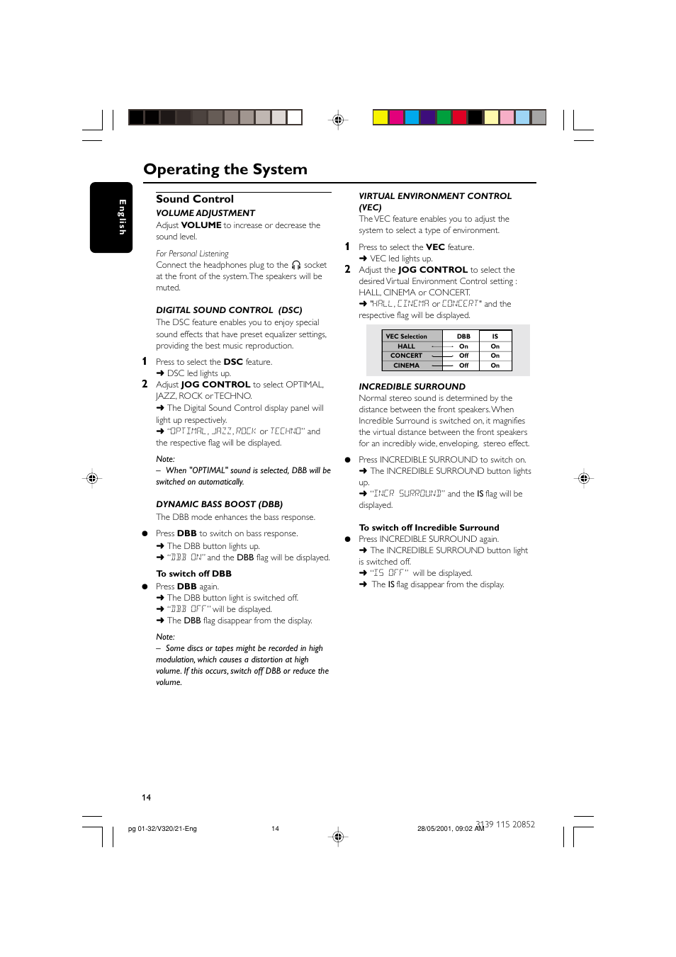 Operating the system, Sound control | Philips FW-V320/21 User Manual | Page 14 / 32