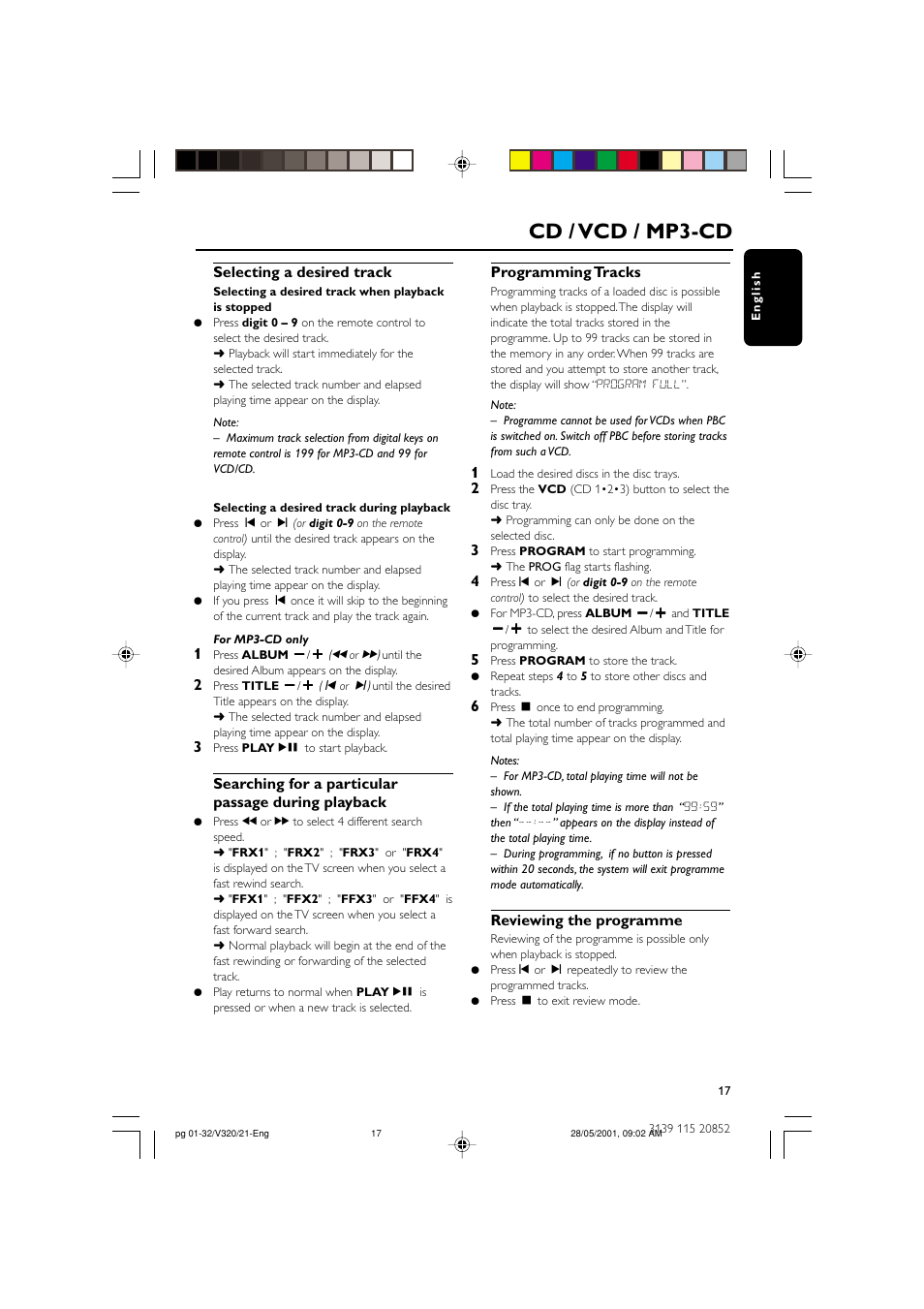 Cd / vcd / mp3-cd, Selecting a desired track, Searching for a particular passage during playback | Programming tracks, Reviewing the programme | Philips FW-V320/21 User Manual | Page 17 / 32