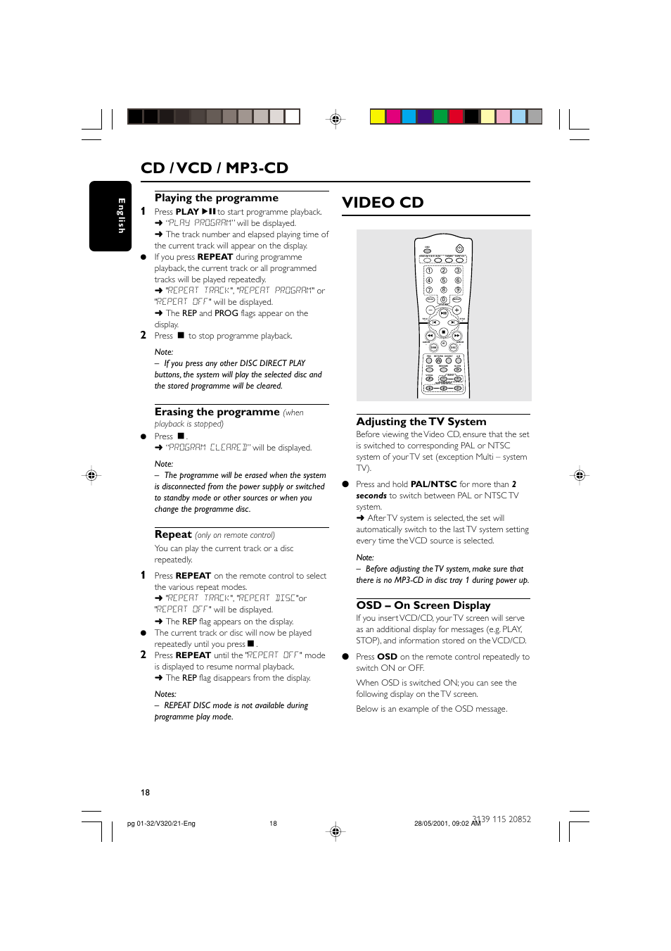 Video cd, Cd / vcd / mp3-cd, Playing the programme 1 | Erasing the programme, Repeat, Adjusting the tv system, Osd – on screen display | Philips FW-V320/21 User Manual | Page 18 / 32