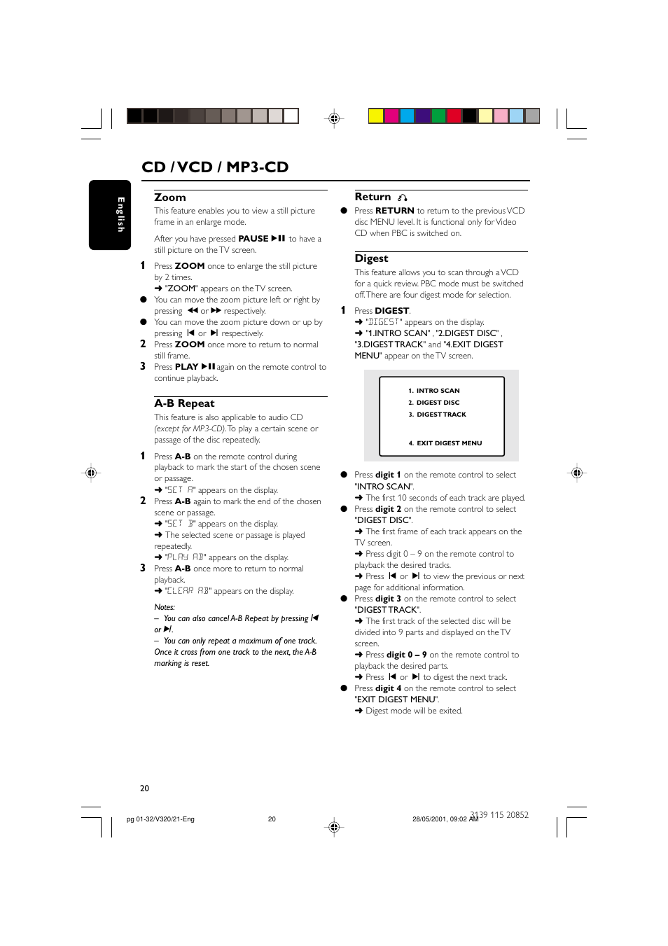 Cd / vcd / mp3-cd, Zoom, A-b repeat | Return, Digest | Philips FW-V320/21 User Manual | Page 20 / 32
