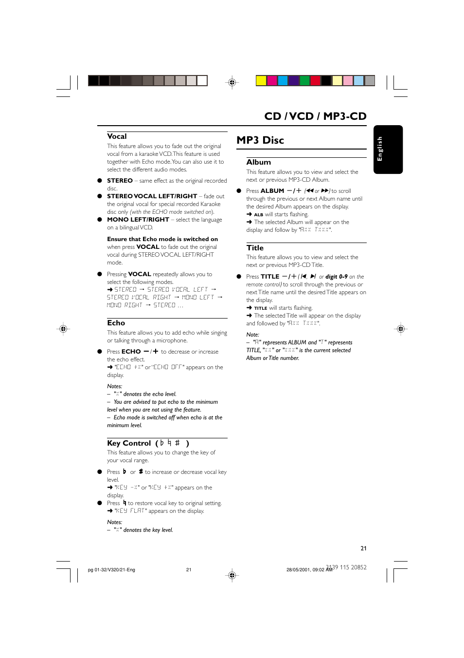 Mp3 disc, Cd / vcd / mp3-cd, Vocal | Echo, Key control ( i è i ), Album, Title | Philips FW-V320/21 User Manual | Page 21 / 32