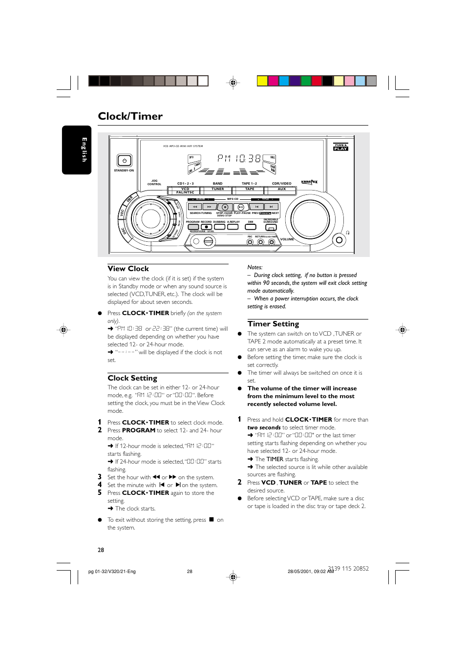 Clock/timer, View clock, Clock setting | Timer setting, Press clock • timer to select clock mode, Set the hour with à or á on the system, Set the minute with í or ëon the system | Philips FW-V320/21 User Manual | Page 28 / 32