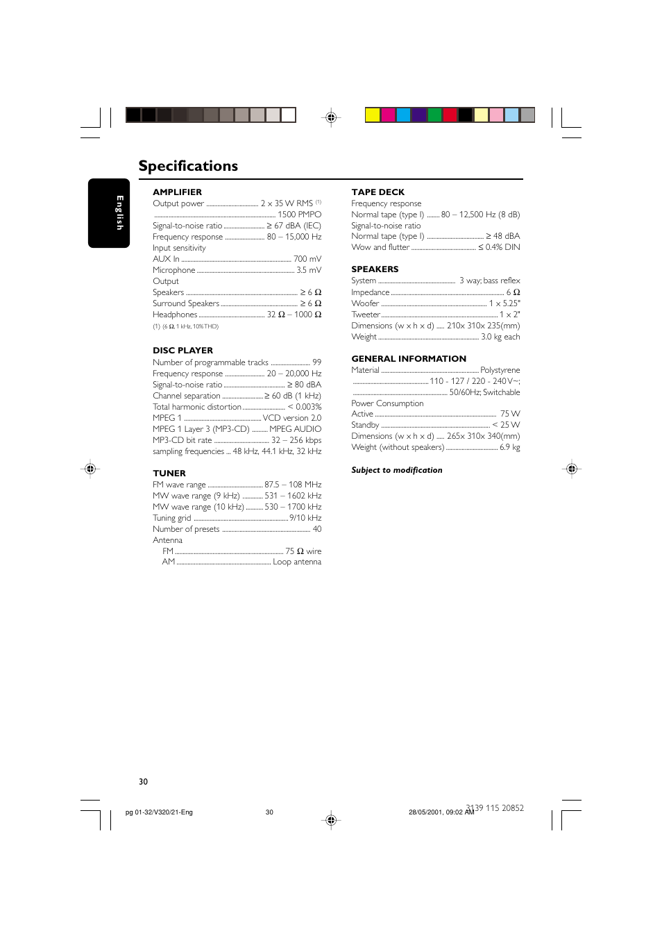 Specifications | Philips FW-V320/21 User Manual | Page 30 / 32