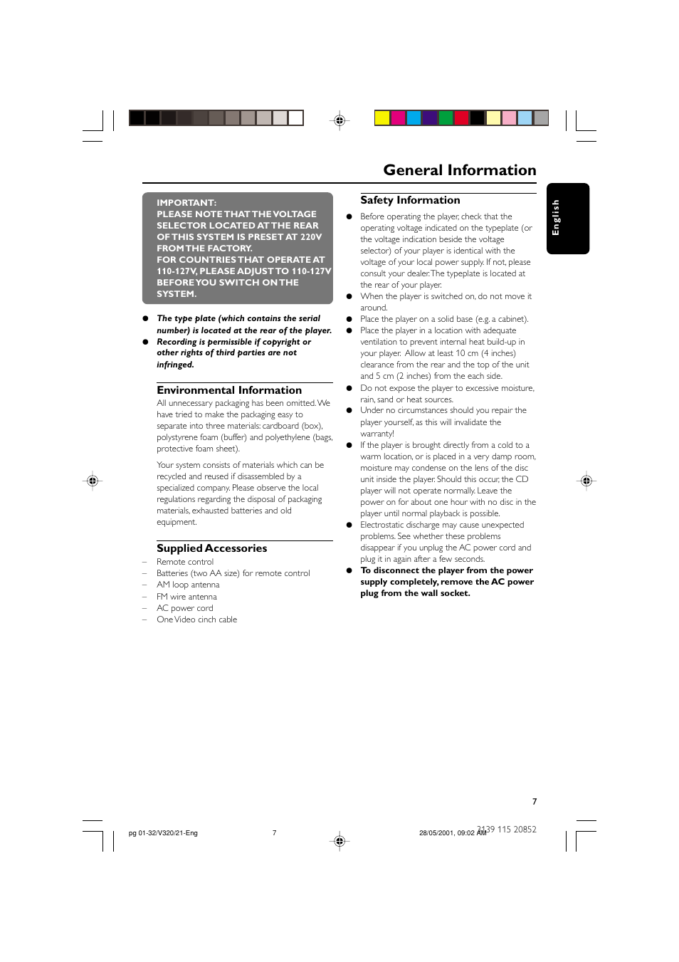 General information, Environmental information, Supplied accessories | Safety information | Philips FW-V320/21 User Manual | Page 7 / 32