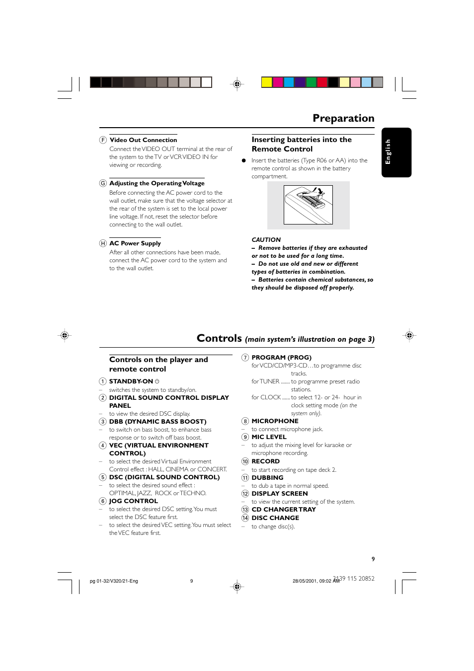 Preparation controls | Philips FW-V320/21 User Manual | Page 9 / 32