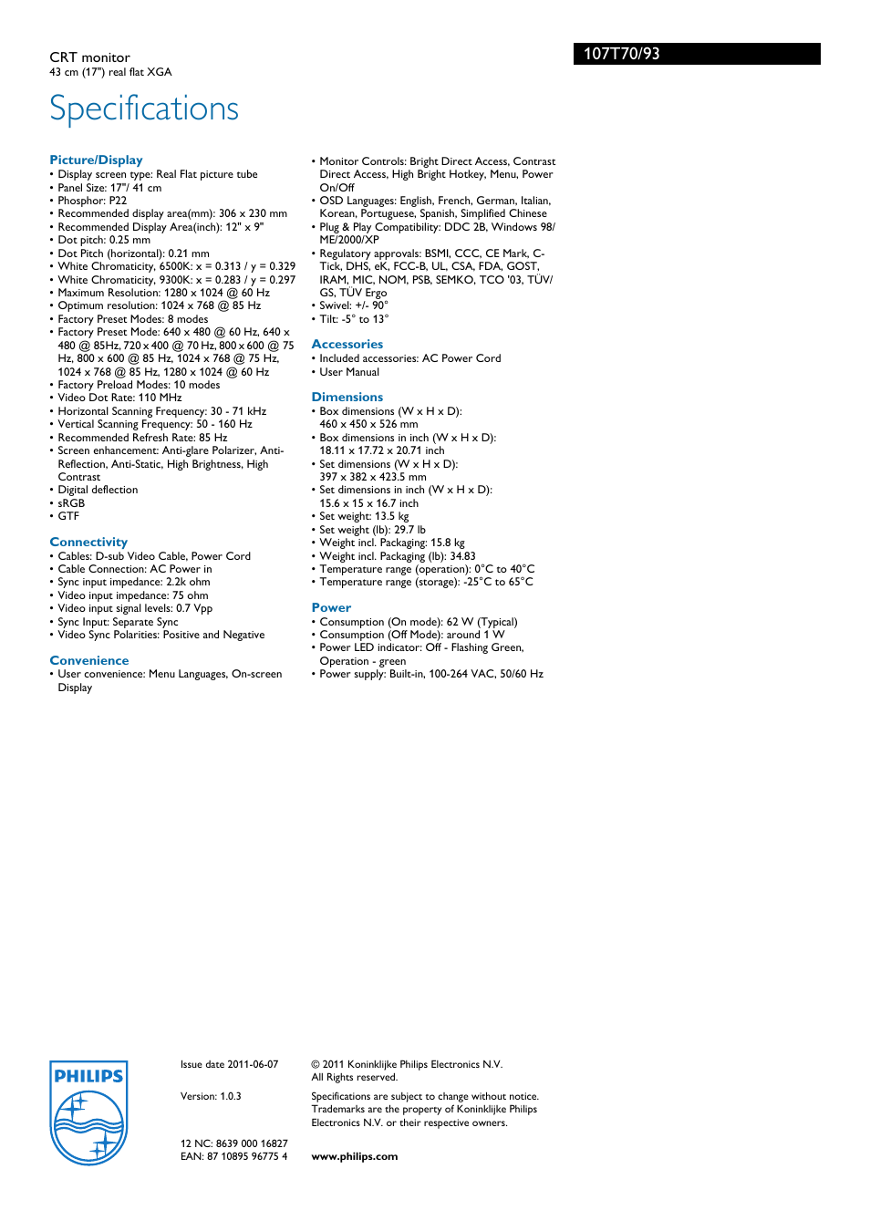 Specifications | Philips 107T70 User Manual | Page 3 / 3