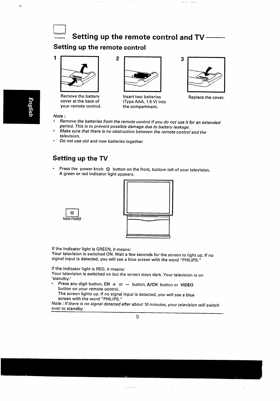 Setting up the remote control and tv, Setting up the remote control, Setting up the tv | Philips 48PP9103/05 User Manual | Page 13 / 100