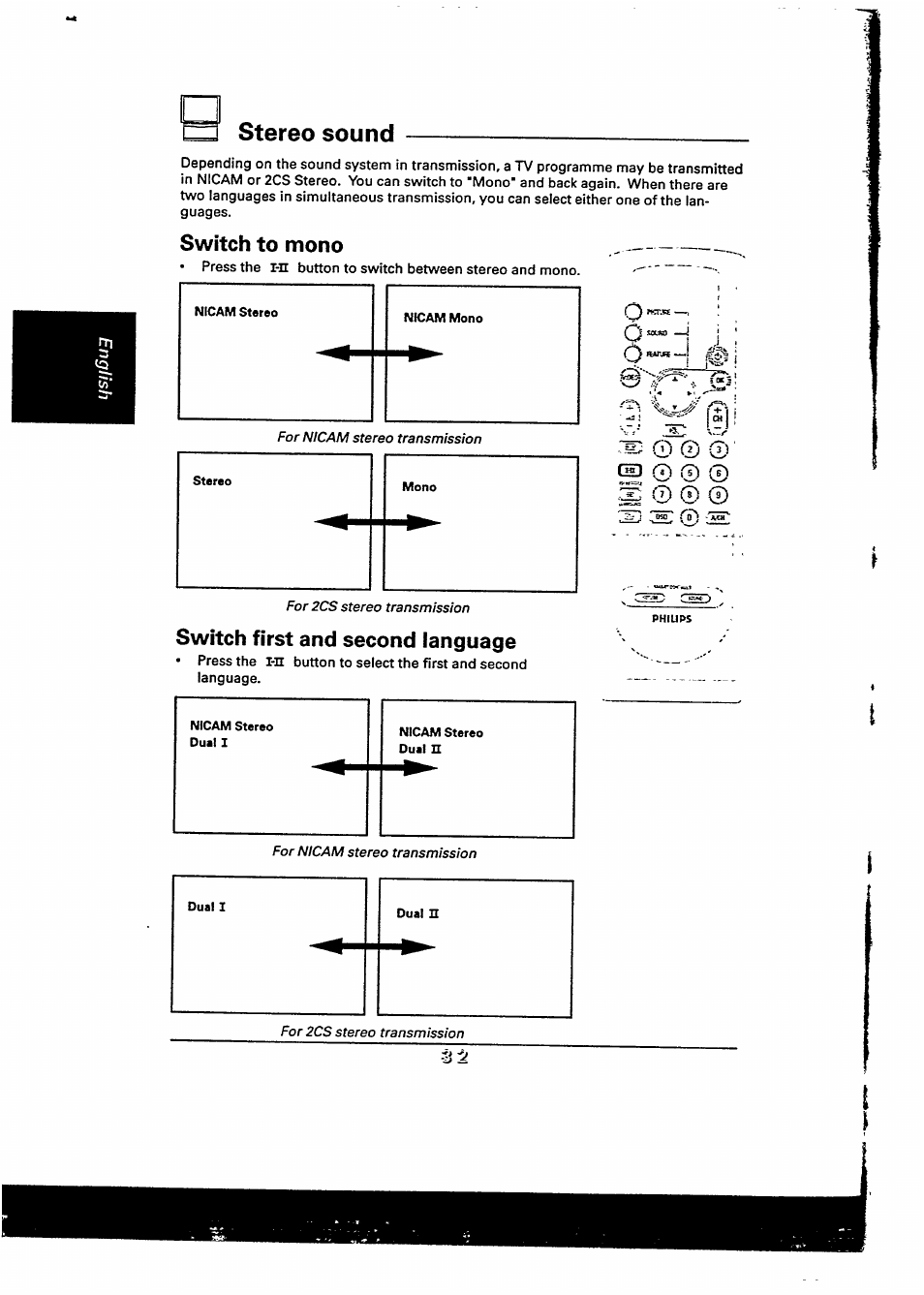 Stereo sound, Switch to mono, Switch first and second language | I dt© go | Philips 48PP9103/05 User Manual | Page 65 / 100