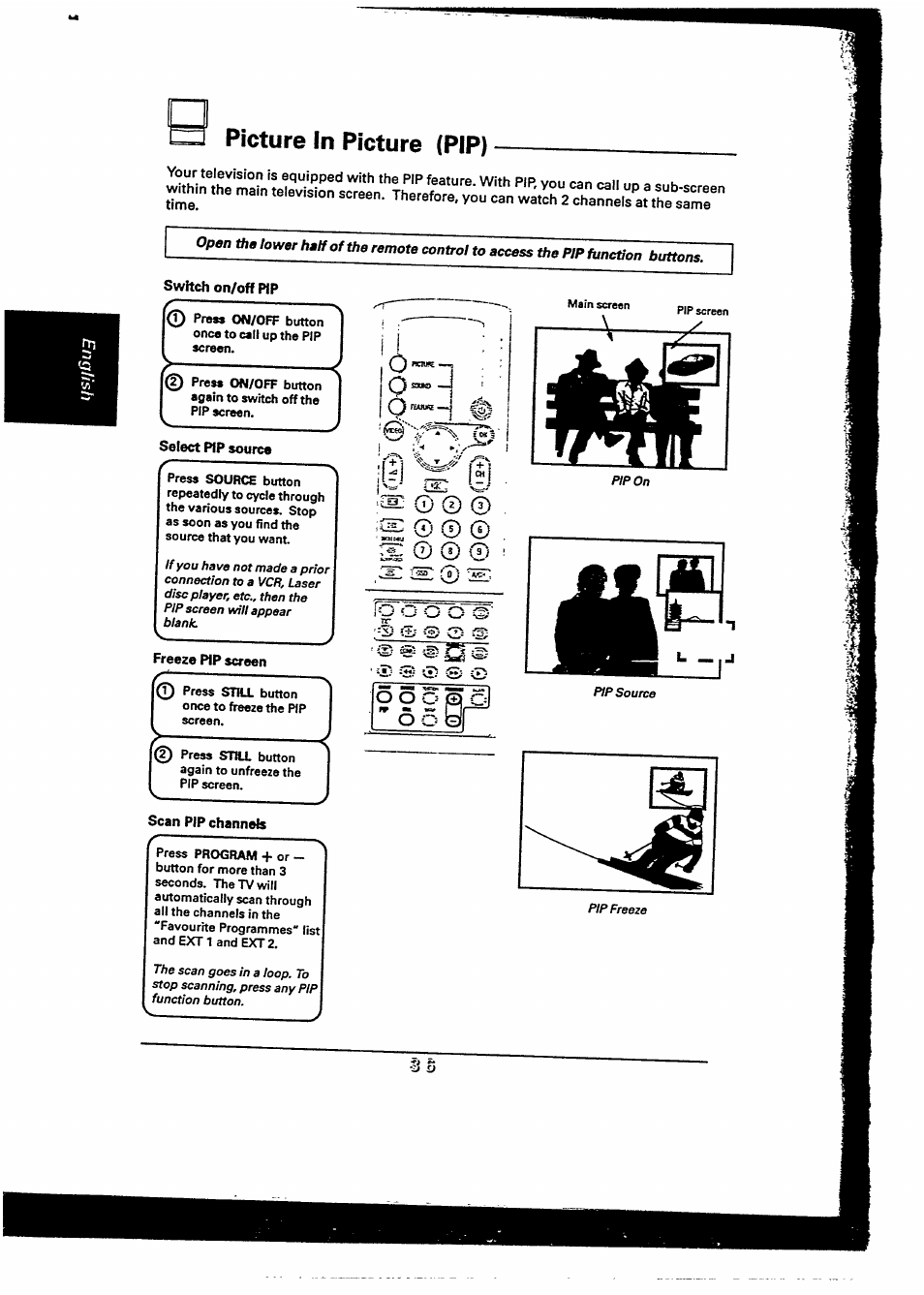 Picture in picture (pip), Switch on/off pip, Select pip source | Freeze pip screen, Scan pip channels | Philips 48PP9103/05 User Manual | Page 73 / 100