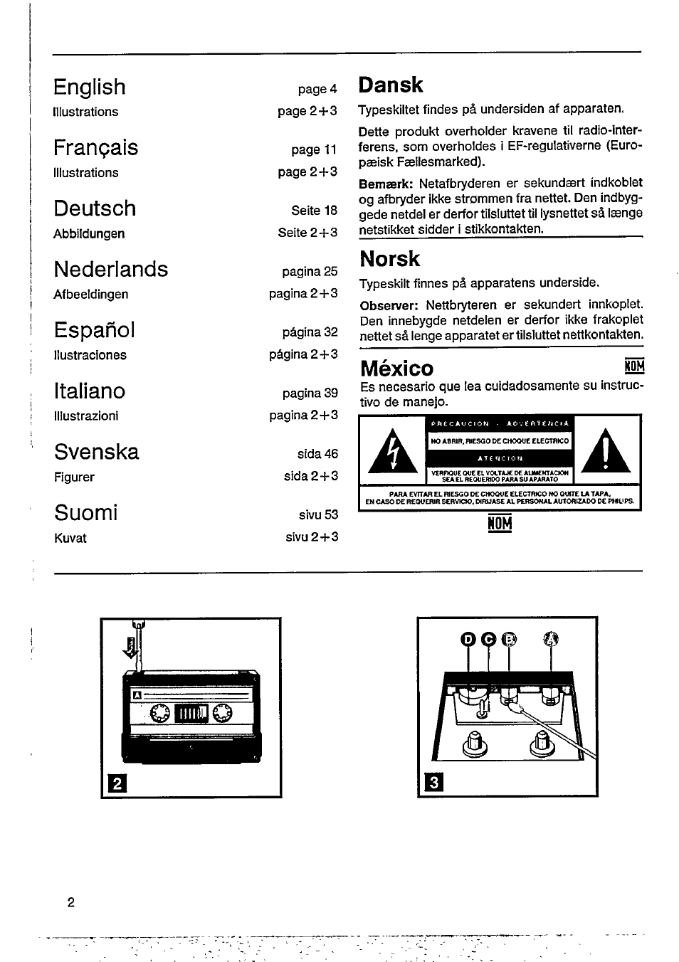 Dansk, Norsk, México m | Philips AJ 3802 User Manual | Page 2 / 16