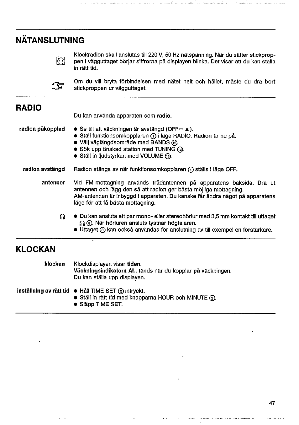 Nätanslutning, Radio, Klockan | Philips AJ 3802 User Manual | Page 5 / 16