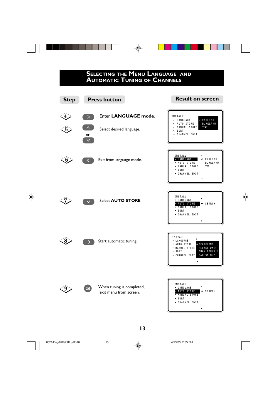 13 result on screen press button step, Enter language mode, Electing | Anguage, Utomatic, Uning, Hannels | Philips 32PW8521 User Manual | Page 13 / 35
