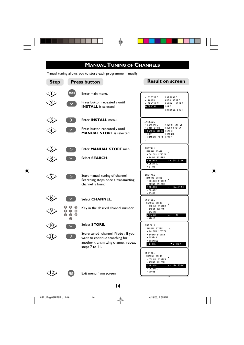 Result on screen press button step, Anual, Uning of | Hannels | Philips 32PW8521 User Manual | Page 14 / 35