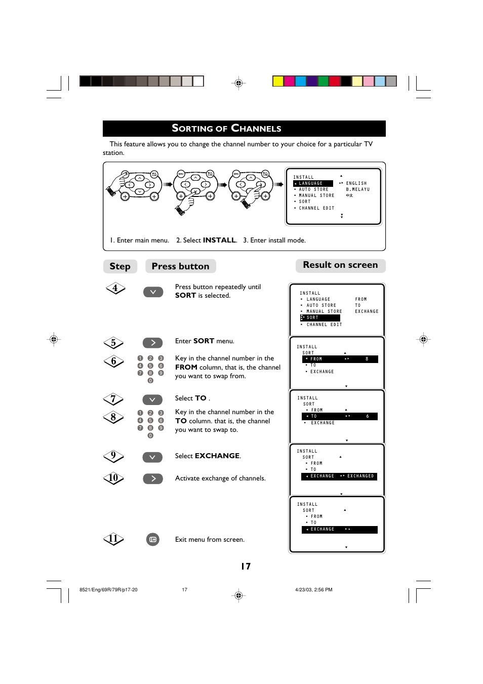 Result on screen press button step, Orting of, Hannels | Philips 32PW8521 User Manual | Page 17 / 35