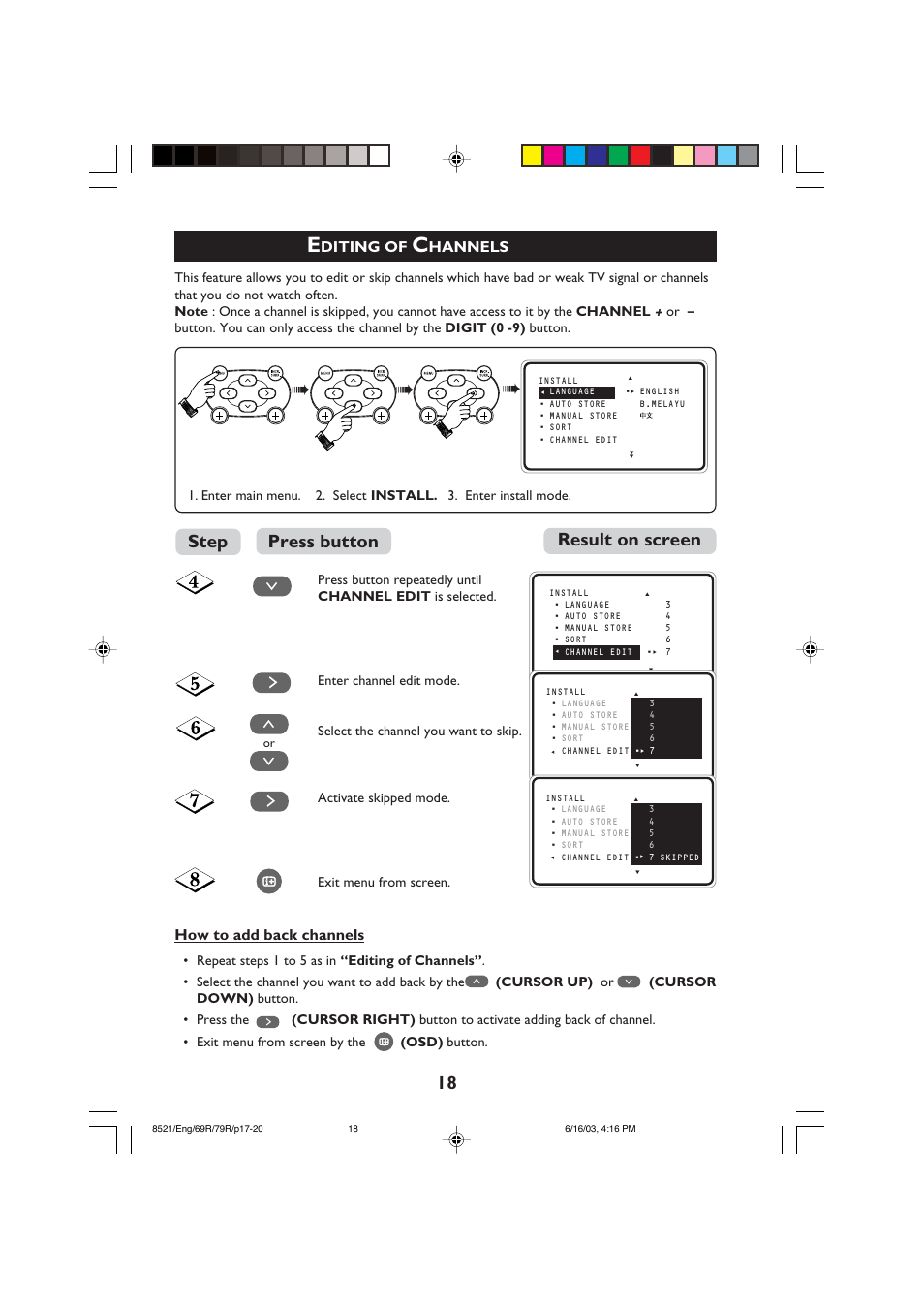 Result on screen press button step, Diting of, Hannels | How to add back channels | Philips 32PW8521 User Manual | Page 18 / 35