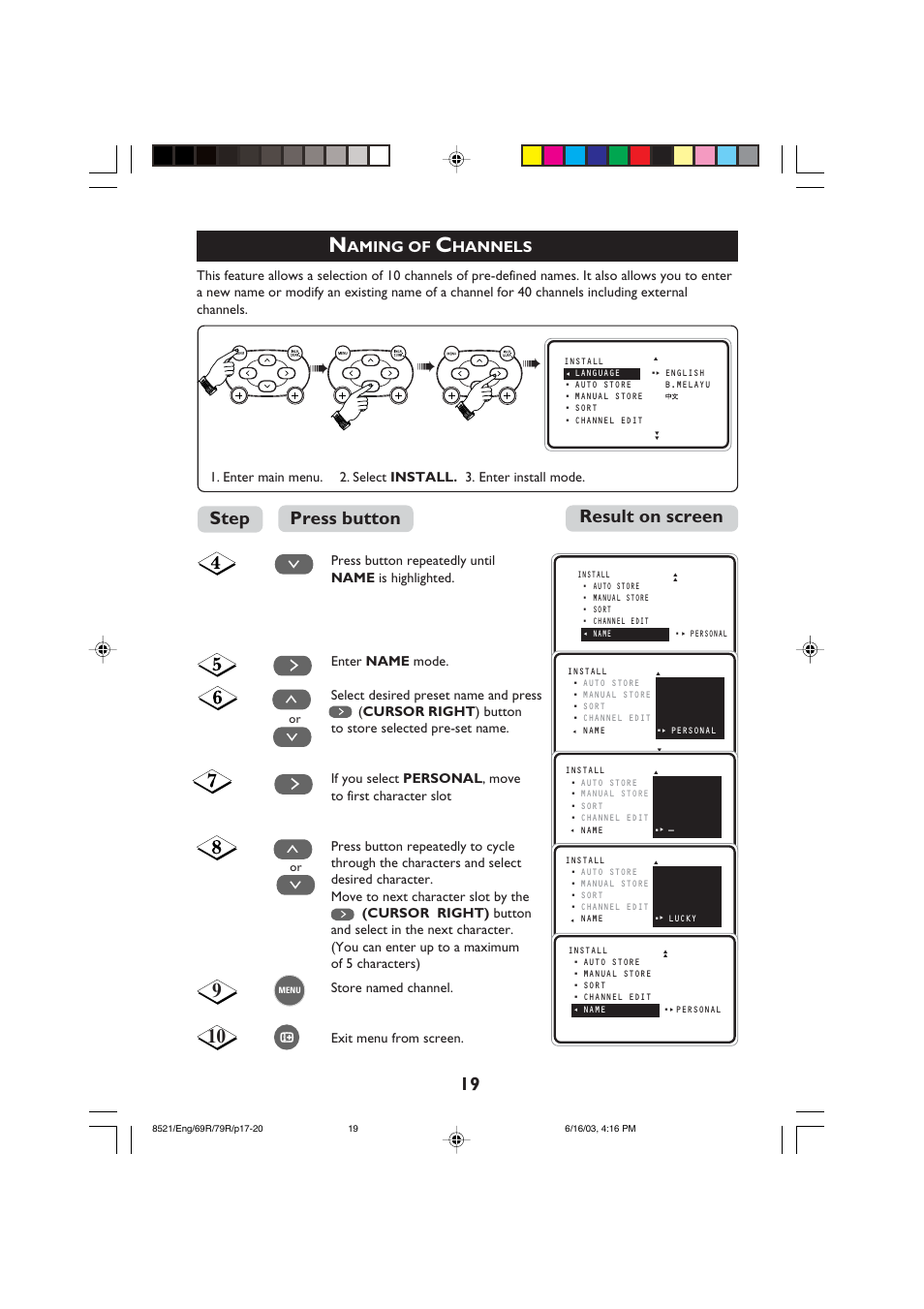 Result on screen press button step, Aming of, Hannels | Philips 32PW8521 User Manual | Page 19 / 35