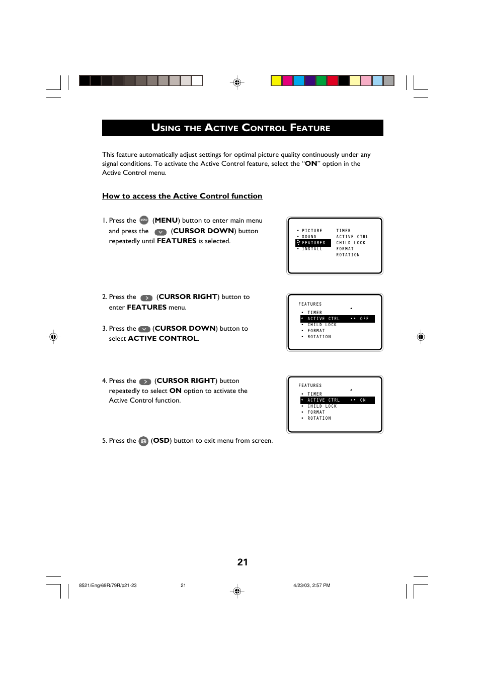 How to access the active control function, Sing, Ctive | Ontrol, Eature | Philips 32PW8521 User Manual | Page 21 / 35