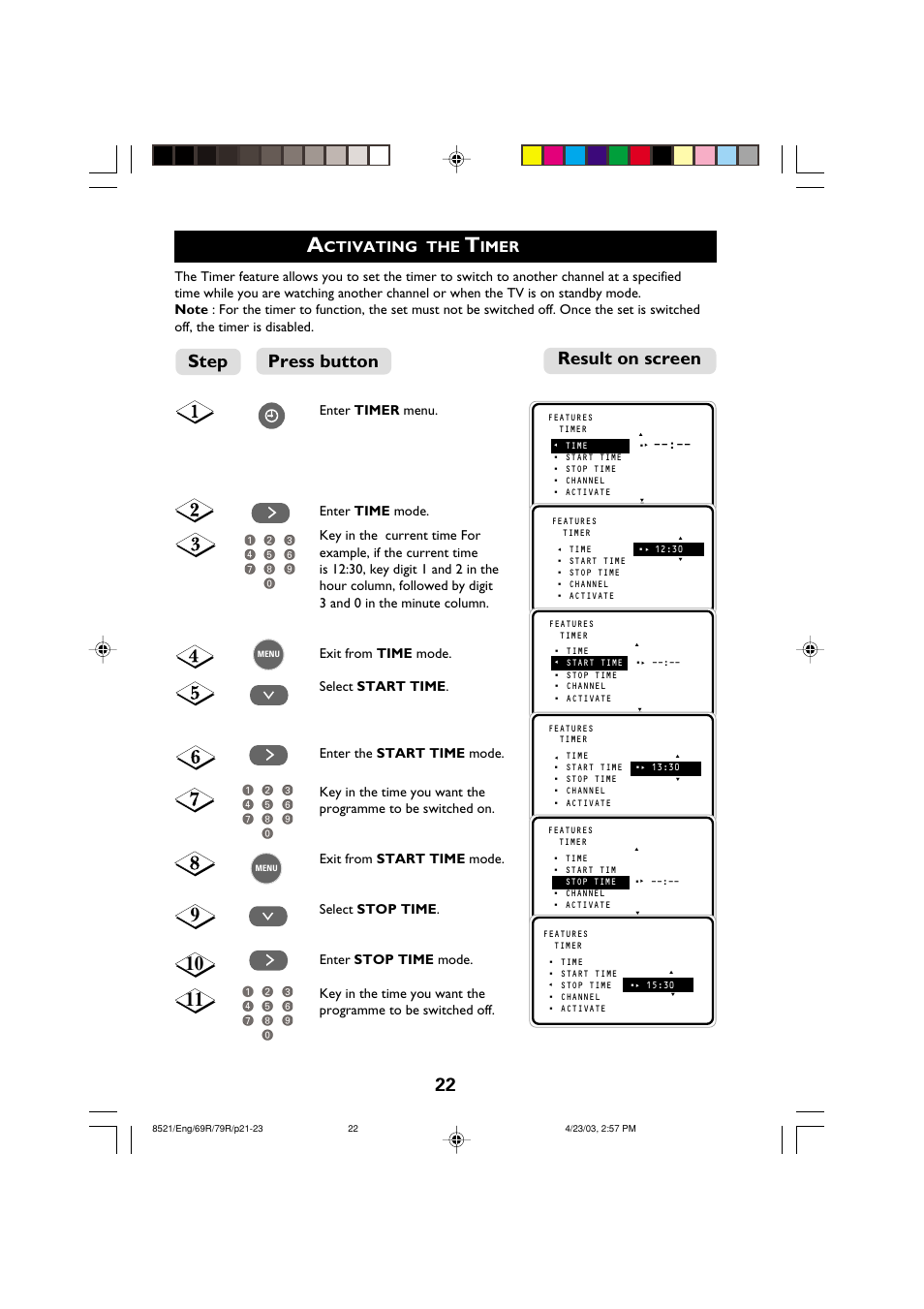 22 result on screen press button step, Ctivating the, Imer | Philips 32PW8521 User Manual | Page 22 / 35