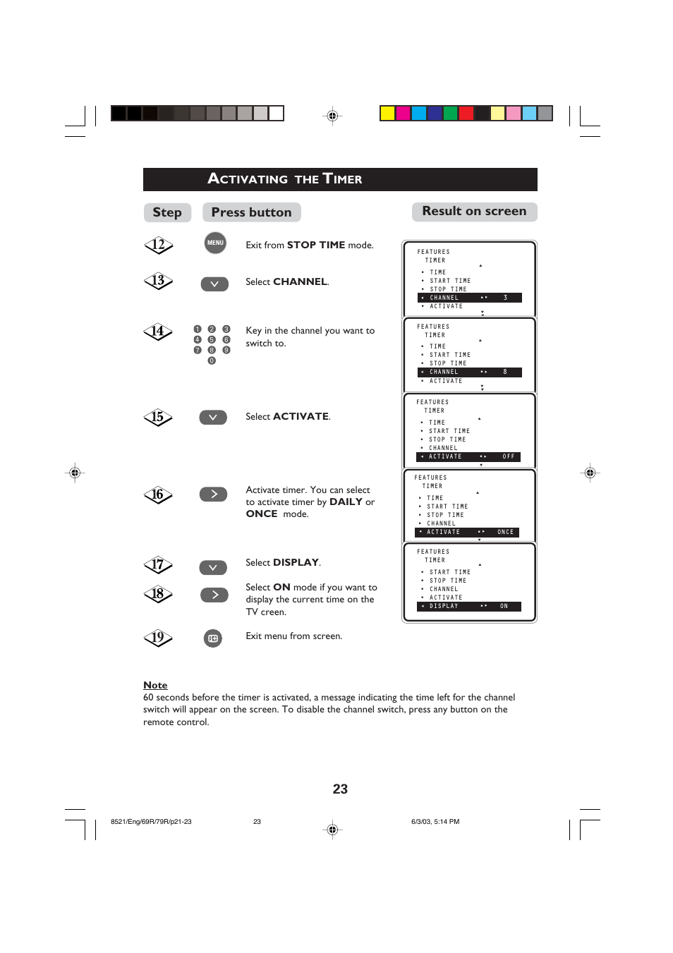 Press button step, Result on screen, Ctivating the | Imer | Philips 32PW8521 User Manual | Page 23 / 35