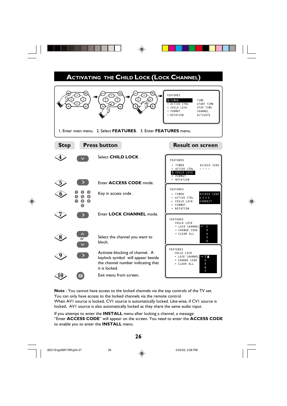 Press button step, Result on screen, Ctivating the | Hild, Hannel | Philips 32PW8521 User Manual | Page 26 / 35
