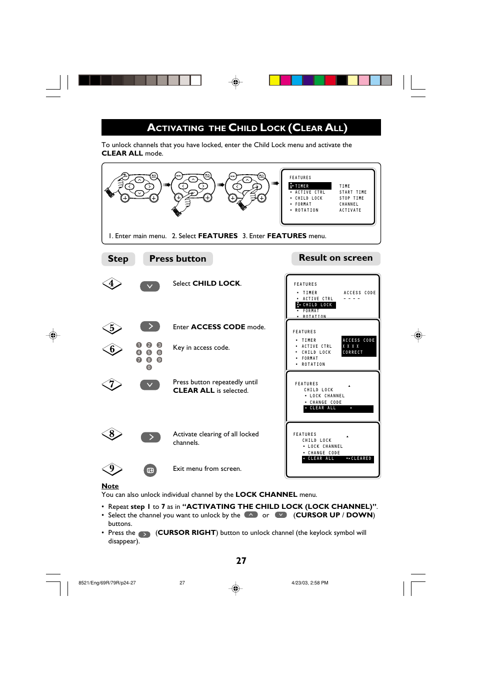 Result on screen press button step, Ctivating the, Hild | Lear | Philips 32PW8521 User Manual | Page 27 / 35