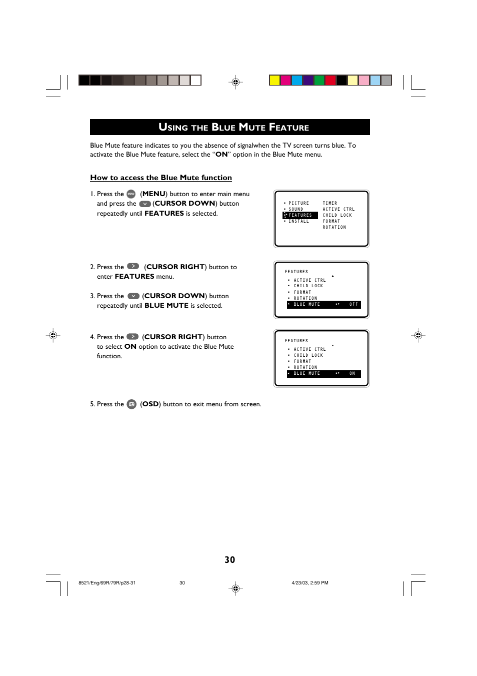 How to access the blue mute function, Sing, Eature | Philips 32PW8521 User Manual | Page 30 / 35