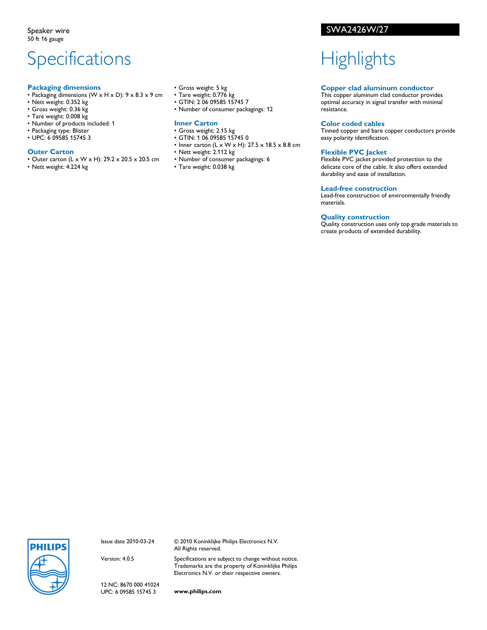 Specifications, Highlights | Philips SWA2426W User Manual | Page 2 / 2