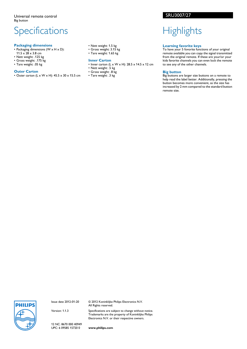 Specifications, Highlights | Philips SRU3007 User Manual | Page 2 / 2