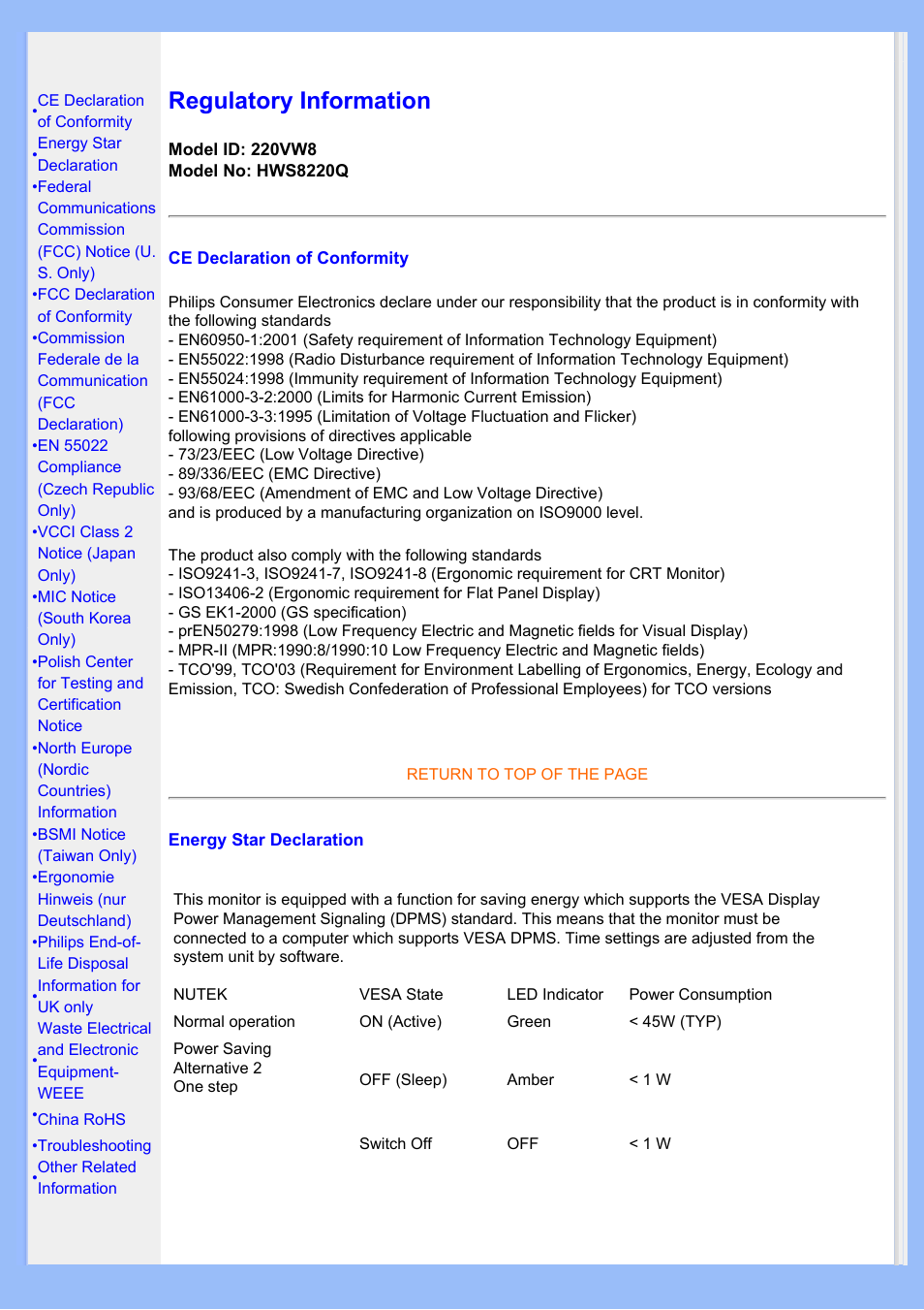Regulatory information | Philips 220VW8 User Manual | Page 14 / 86