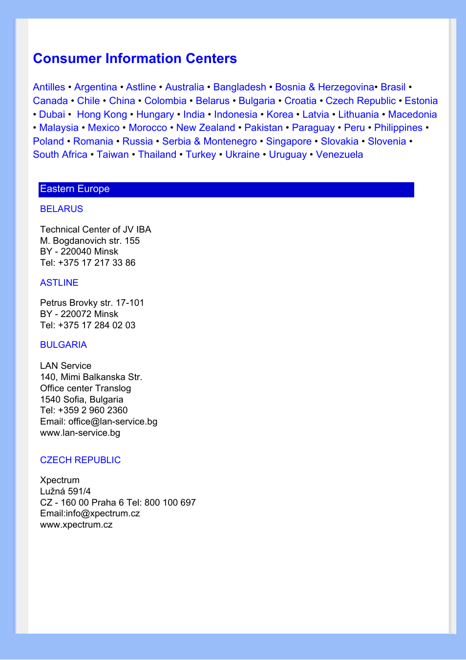 Consumer information centers | Philips 220VW8 User Manual | Page 62 / 86