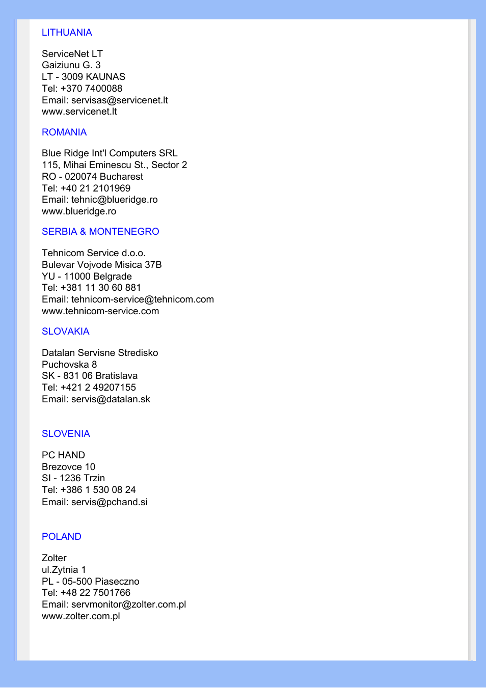 Lithuania, Romania | Philips 220VW8 User Manual | Page 64 / 86