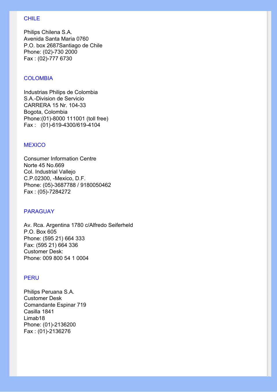 Chile, Colombia, Mexico | Paraguay, Peru | Philips 220VW8 User Manual | Page 66 / 86