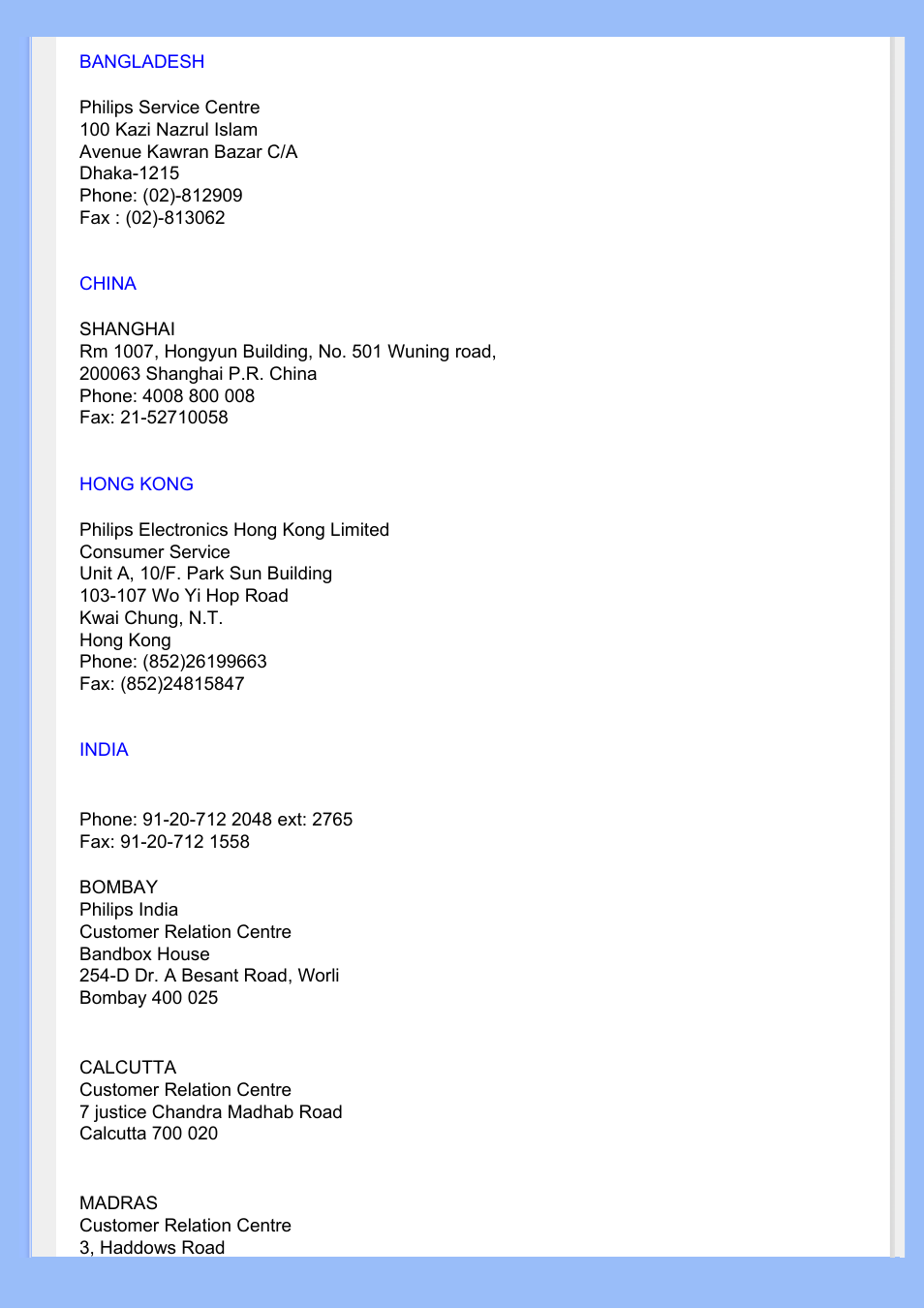 Bangladesh, China, Hong kong | India | Philips 220VW8 User Manual | Page 68 / 86