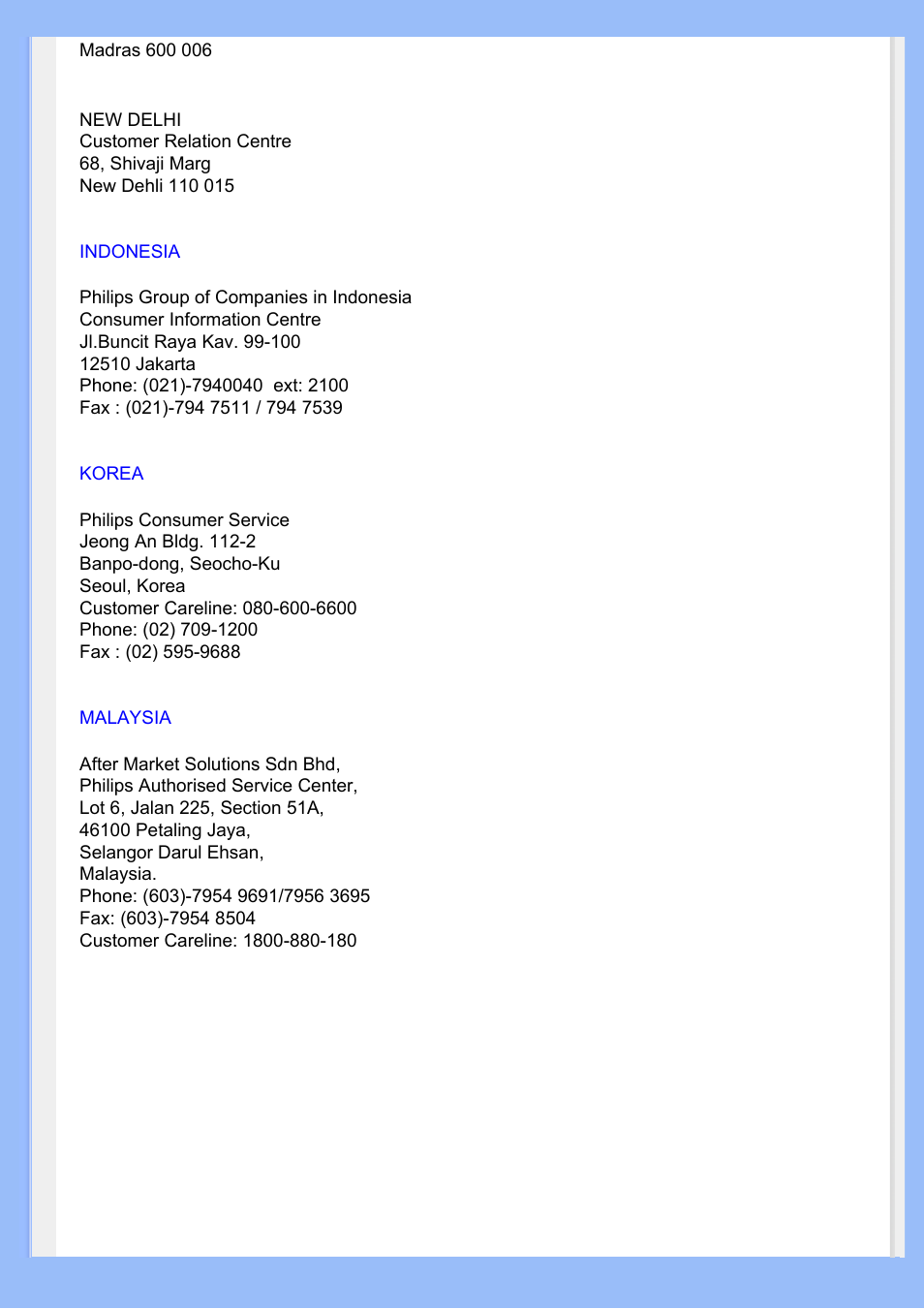 Indonesia, Korea, Malaysia | Philips 220VW8 User Manual | Page 69 / 86