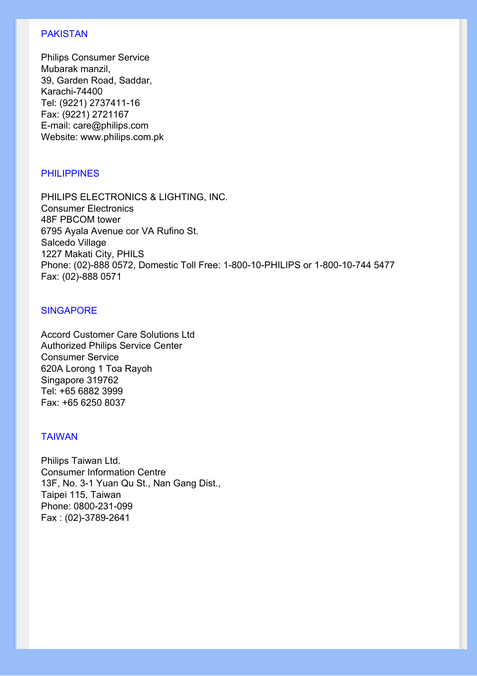 Pakistan, Philippines | Philips 220VW8 User Manual | Page 70 / 86