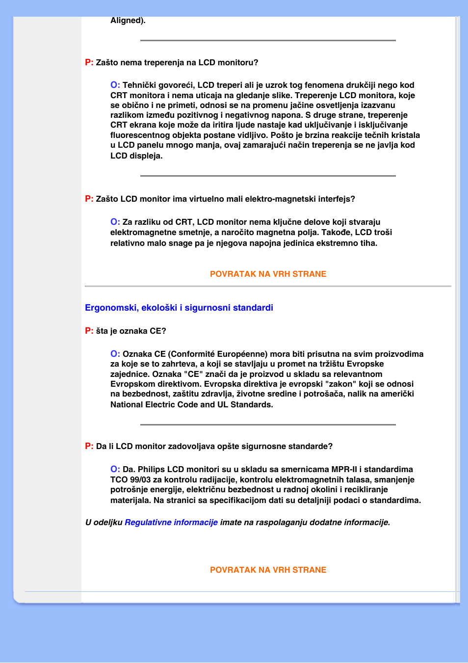 Ergonomski, Ekološki i sigurnosni standardi | Philips 200WS8 User Manual | Page 11 / 89