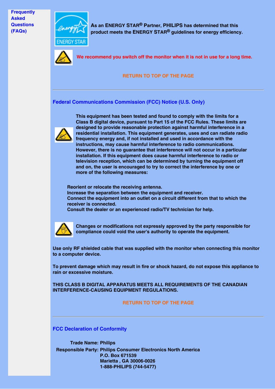 Fcc declaration of conformity | Philips 200WS8 User Manual | Page 16 / 89