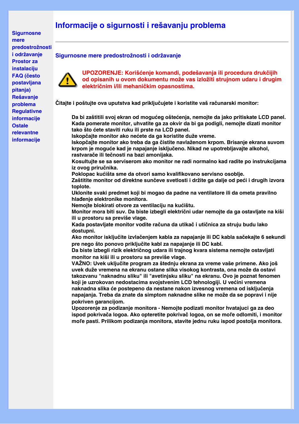 Sigurnost & rešavanje problema, Informacije o sigurnosti i rešavanju problema | Philips 200WS8 User Manual | Page 2 / 89