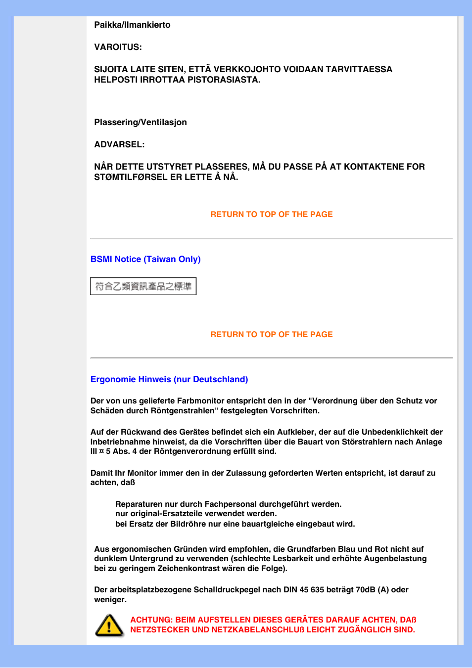 Bsmi notice (taiwan only), Ergonomie hinweis (nur deutschland) | Philips 200WS8 User Manual | Page 20 / 89