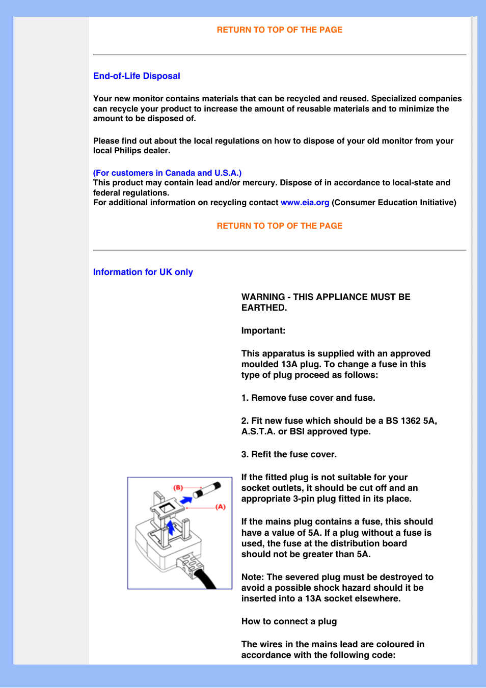 Philips end-of- life disposal, Information for uk only | Philips 200WS8 User Manual | Page 21 / 89