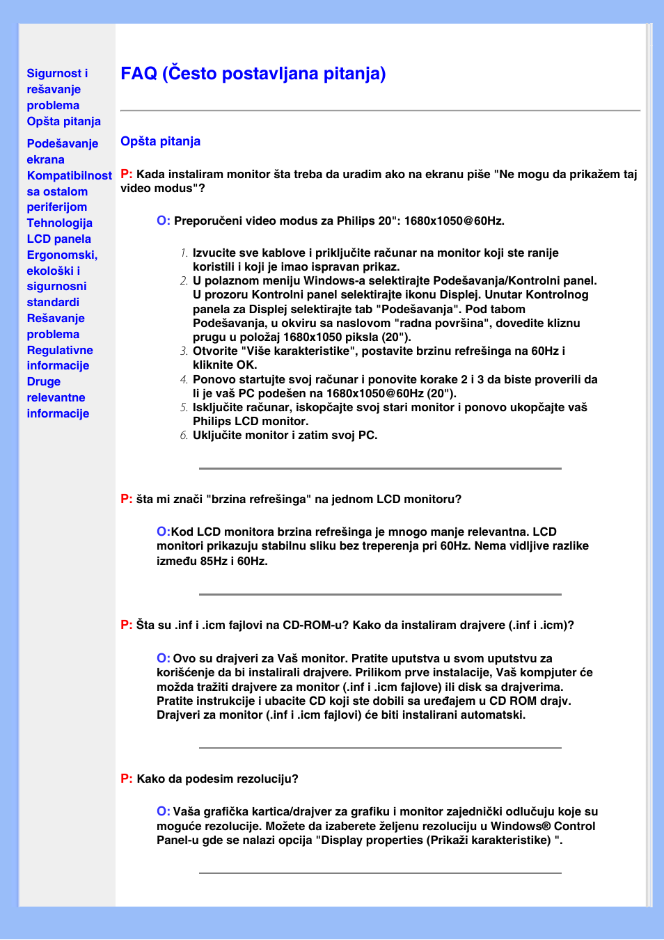 Faq (često postavljana pitanja), Faq (često, Postavljana pitanja) | Philips 200WS8 User Manual | Page 5 / 89