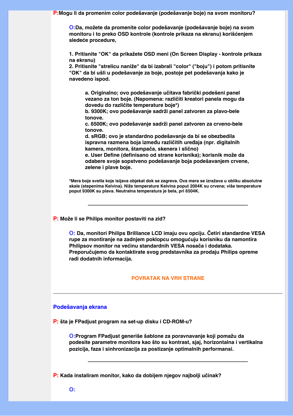 Podešavanje, Ekrana | Philips 200WS8 User Manual | Page 7 / 89