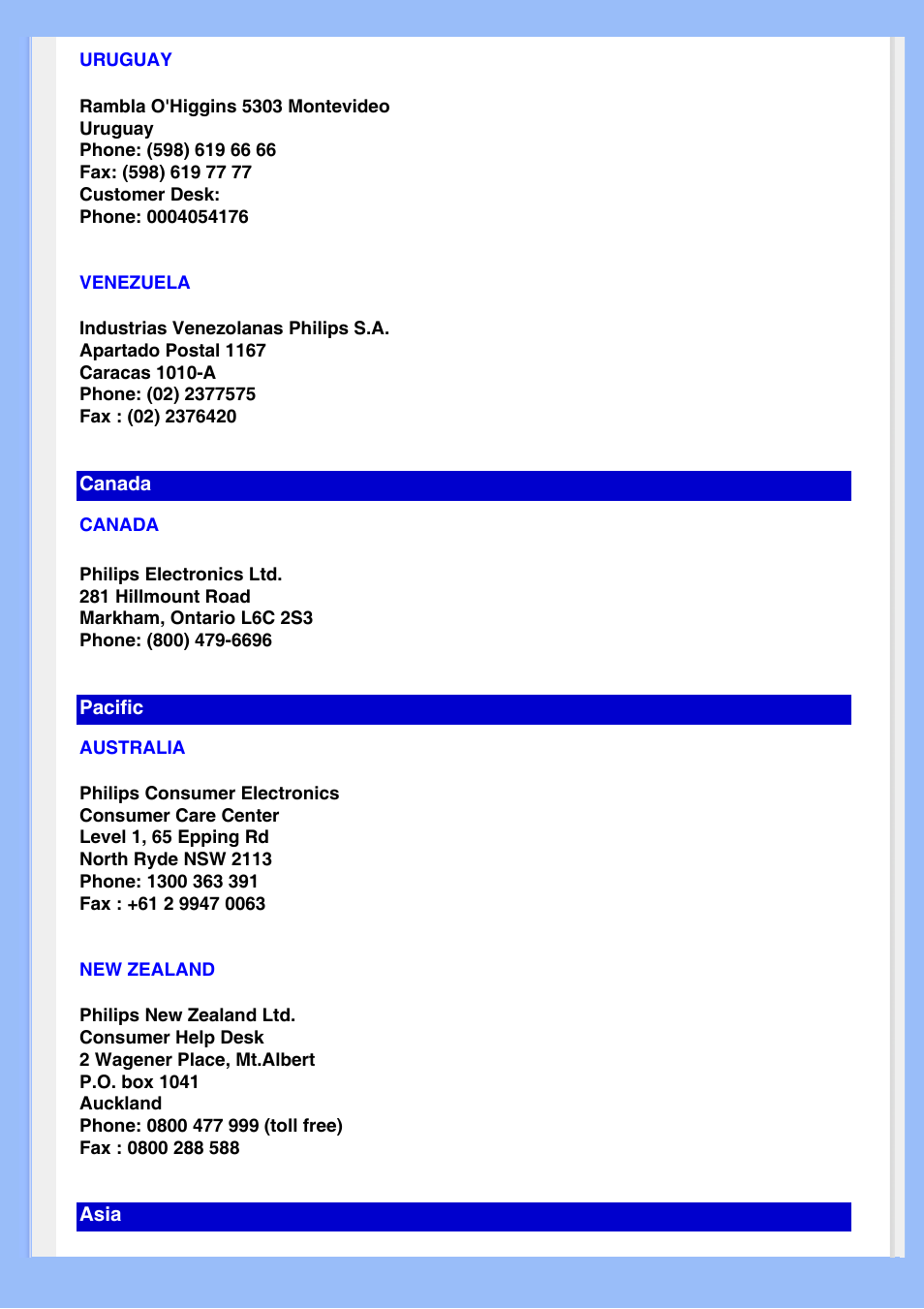 Australia, Canada, New zealand | Uruguay, Venezuela | Philips 200WS8 User Manual | Page 70 / 89