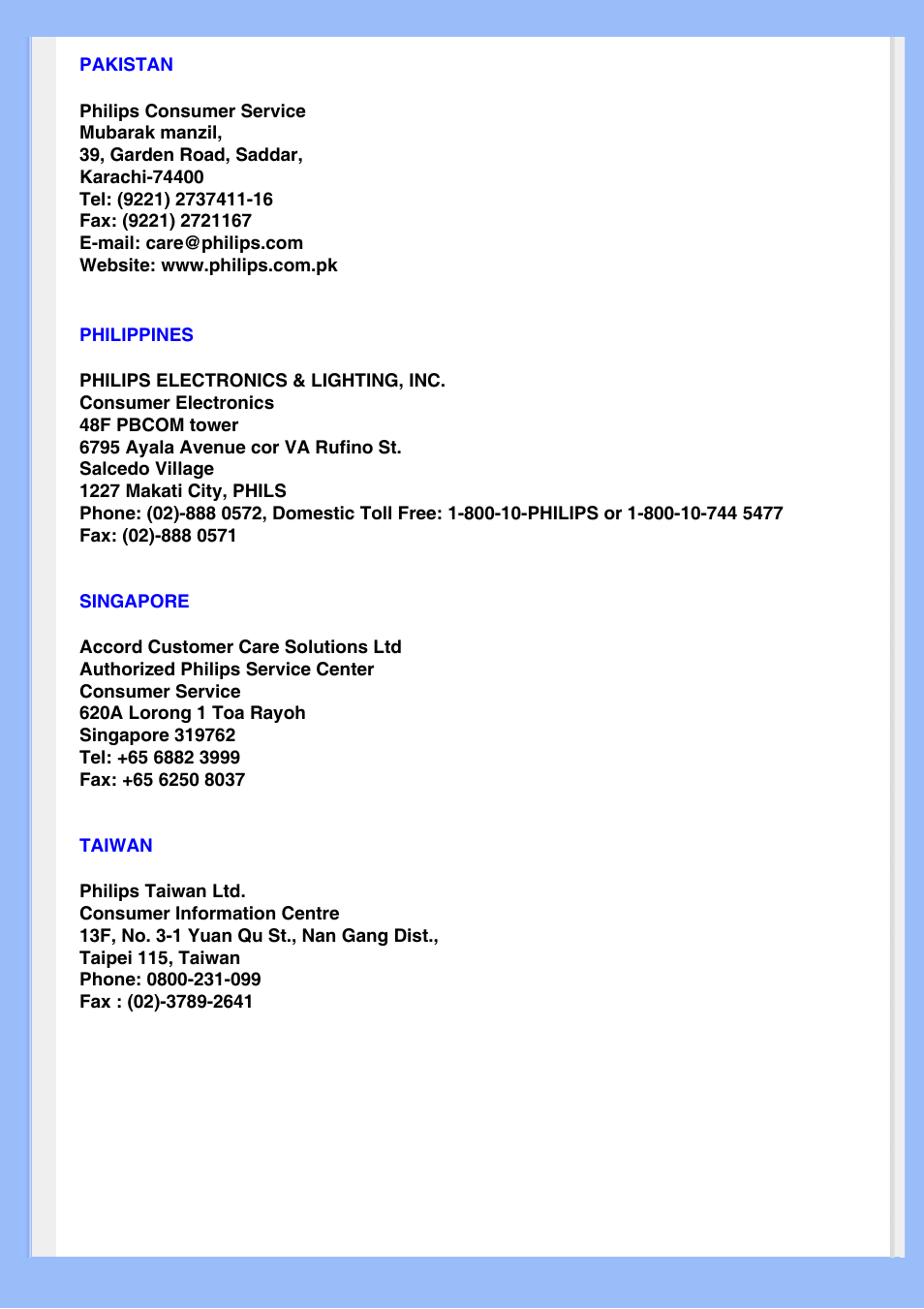 Pakistan, Philippines, Singapore | Taiwan | Philips 200WS8 User Manual | Page 73 / 89