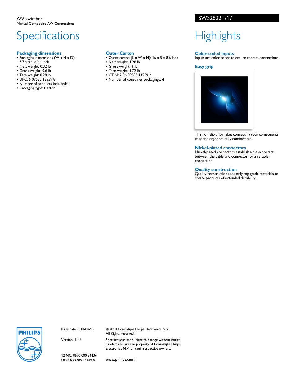 Specifications, Highlights | Philips SWS2822T User Manual | Page 2 / 2